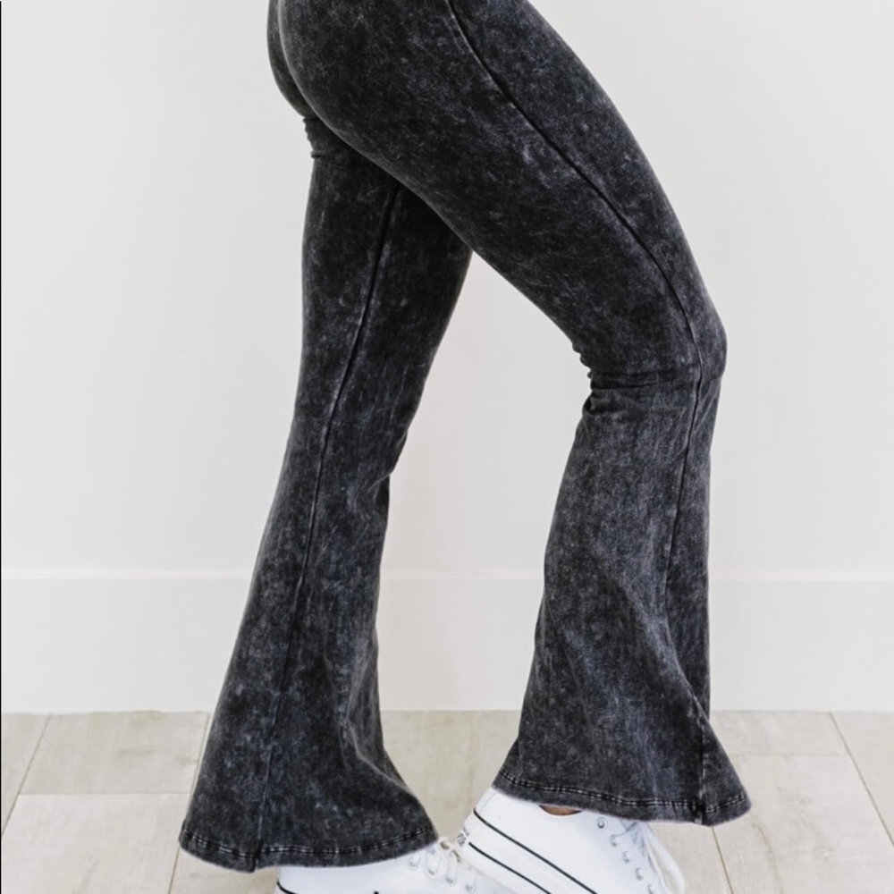 Zenana Outfitters Black Mineral Wash Stretchy Bellbottoms